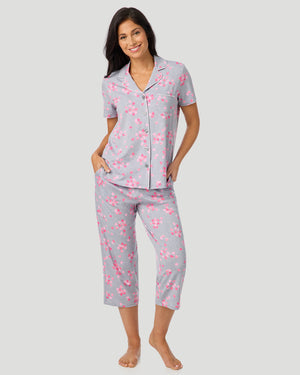 Cotton-Blend Short Sleeve Notch Collar With Cropped Pant Pajama Set