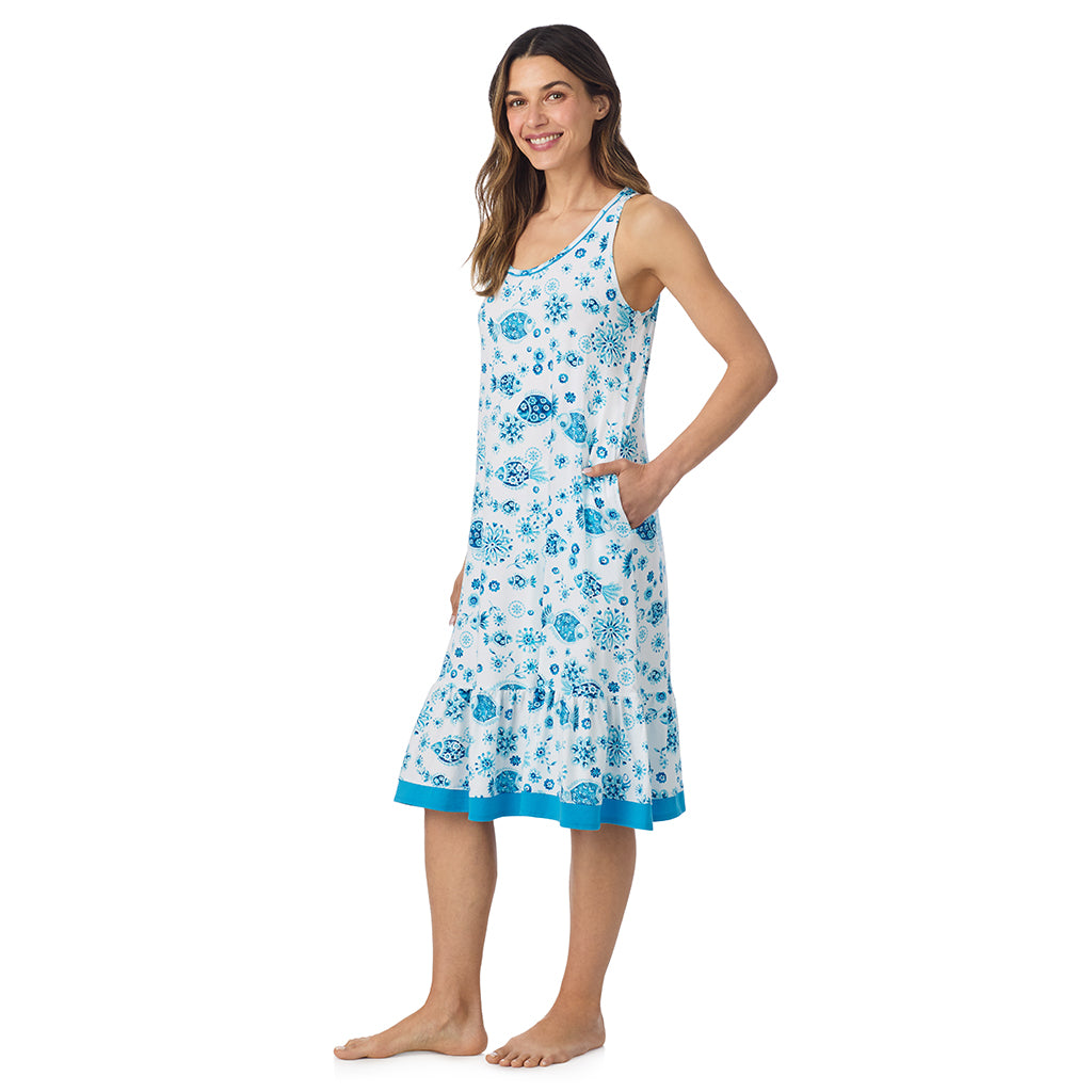 Fish; Model is wearing size S. She is 5’9”, Bust 34”, Waist 25.5”, Hips 36.5”. @ A lady wearing Cotton-Blend Sleeveless Sleep Midi-Gown in Fish posing front view pose