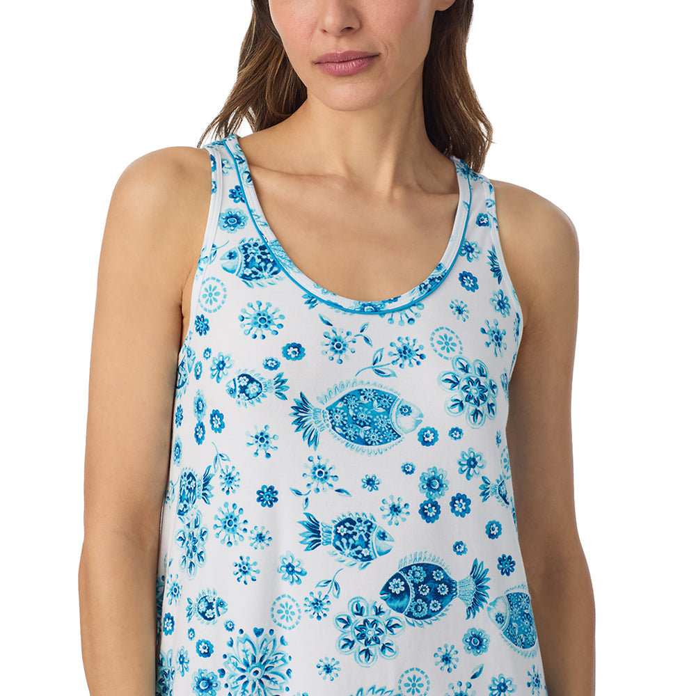 A lady wearing Cotton-Blend Sleeveless Sleep Midi-Gown in Fish posing close up view pose