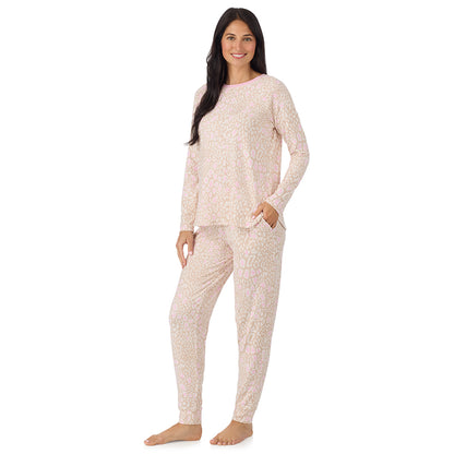  A lady wearing Oatmeal Animal Brushed Sweater Knit Long Sleeve Jogger Pajama Set in a front view side angle pose