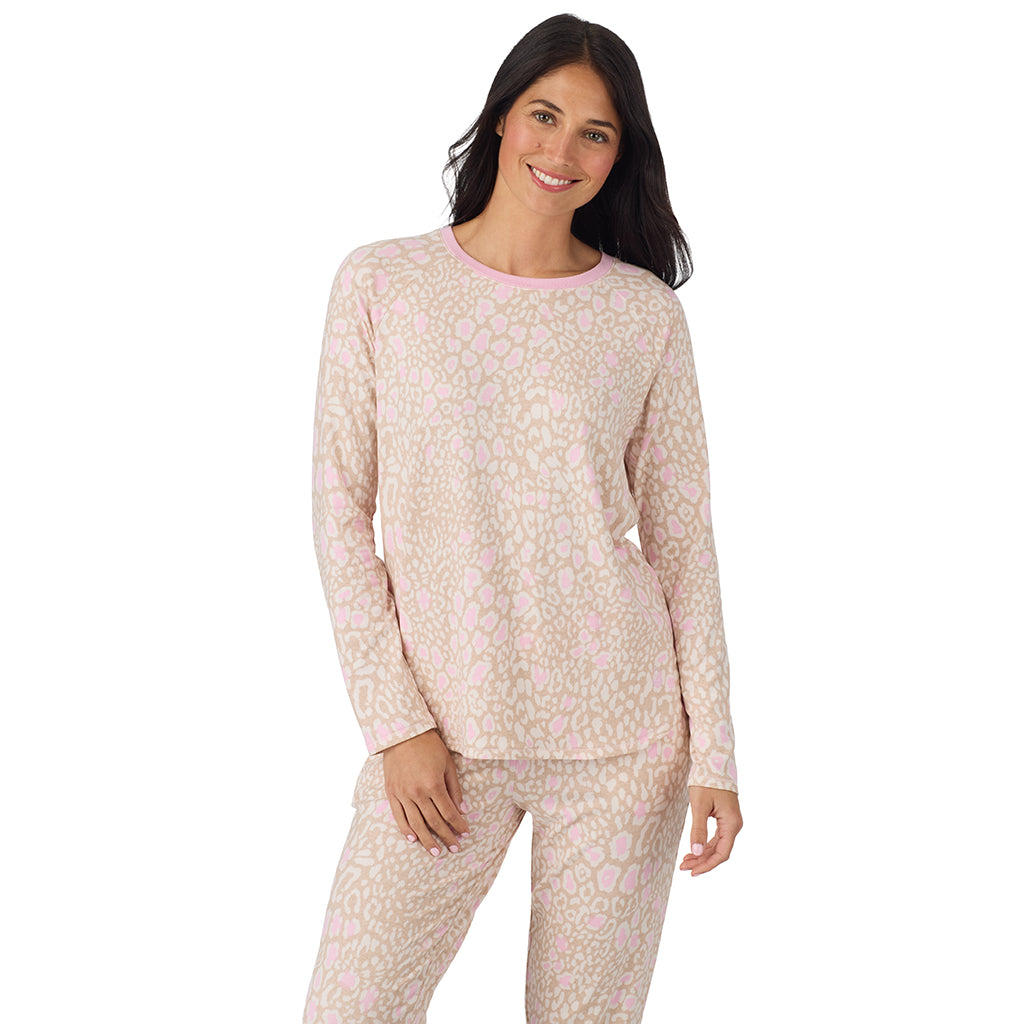  A lady wearing Oatmeal Animal Brushed Sweater Knit Long Sleeve Jogger Pajama Set in a front view closer look