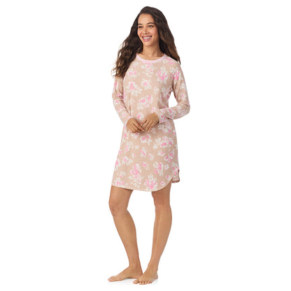 Tan Floral;Model is wearing size S. She is 5’9”, Bust 34”, Waist 23”, Hips 35”.@A lady wearing Tan Floral
 Brushed Sweater Knit Long Sleeve Sleepshirt