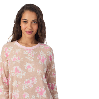Tan Floral;Model is wearing size S. She is 5’9”, Bust 34”, Waist 23”, Hips 35”.@A lady wearing Tan Floral
 Brushed Sweater Knit Long Sleeve Sleepshirt