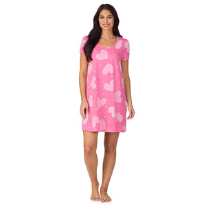 A lady wearing Cotton-Blend Short Sleeve Sleep Shirt with Scallop Detail in Pink Flower Heart