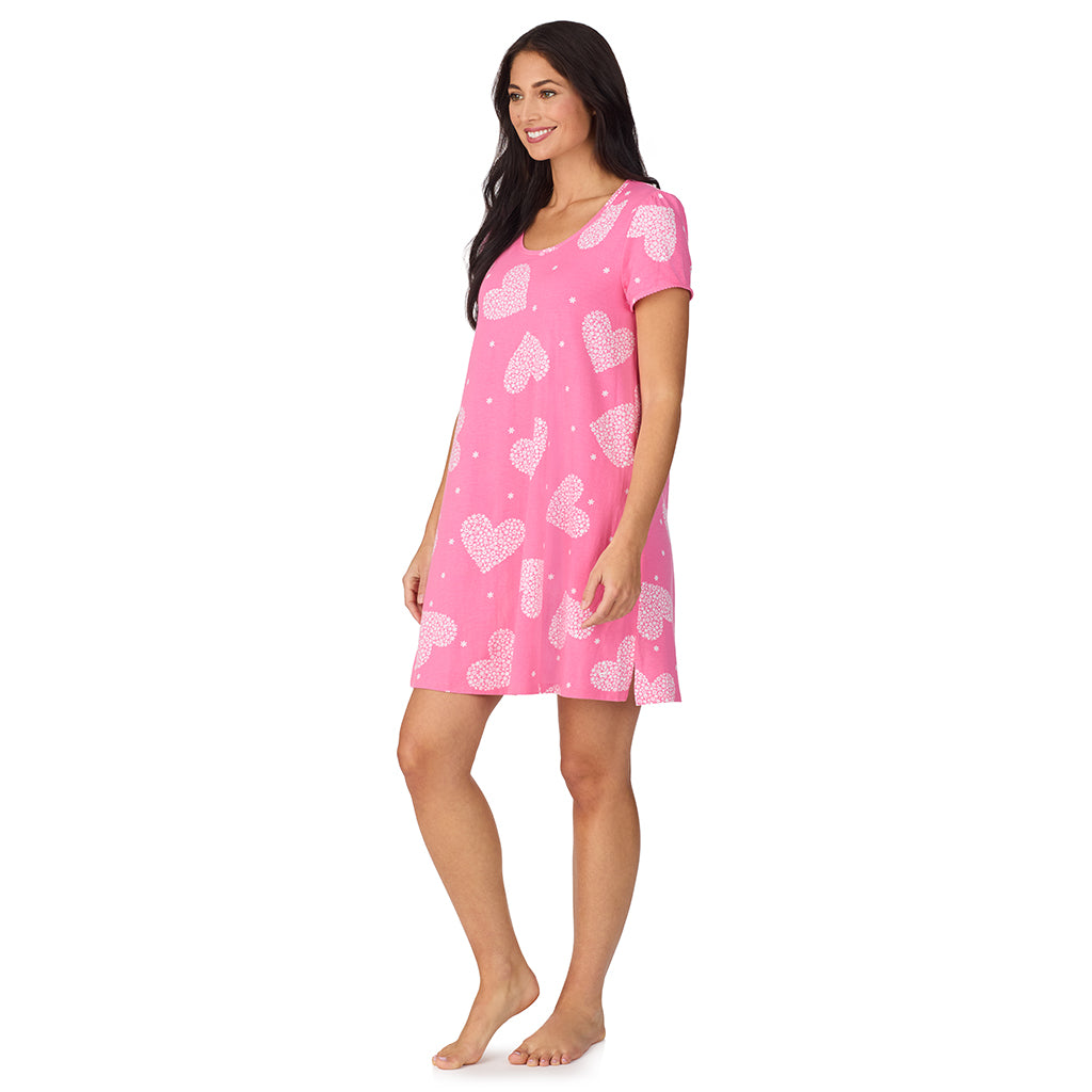 A lady wearing Cotton-Blend Short Sleeve Sleep Shirt with Scallop Detail in Pink Flower Heart