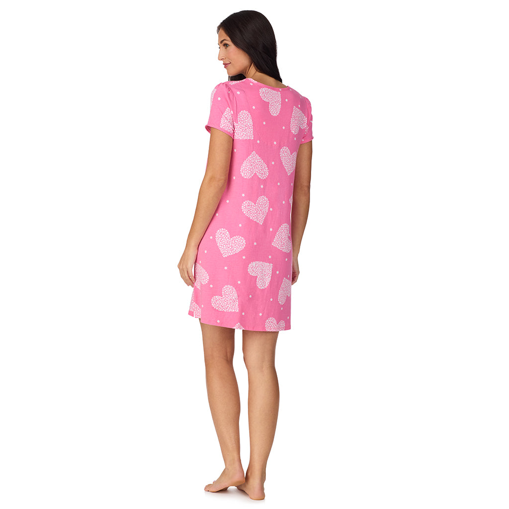 A lady wearing Cotton-Blend Short Sleeve Sleep Shirt with Scallop Detail in Pink Flower Heart