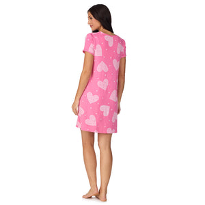 A lady wearing Cotton-Blend Short Sleeve Sleep Shirt with Scallop Detail in Pink Flower Heart