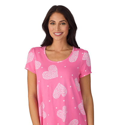 A lady wearing Cotton-Blend Short Sleeve Sleep Shirt with Scallop Detail in Pink Flower Heart