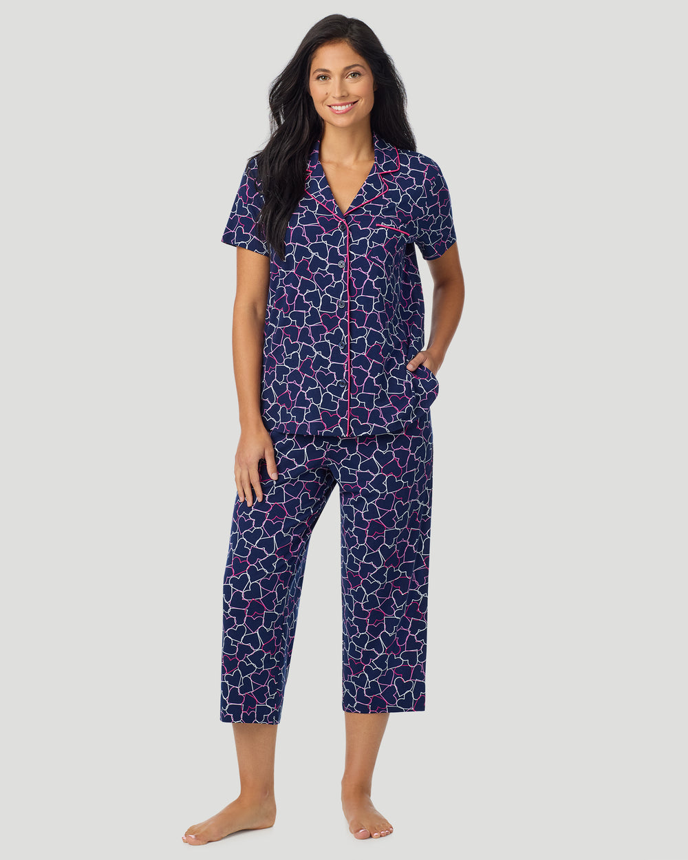 Cotton-Blend Short Sleeve Notch Collar With Cropped Pant Pajama Set