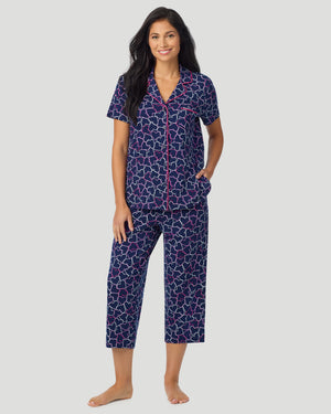 Cotton-Blend Short Sleeve Notch Collar With Cropped Pant Pajama Set