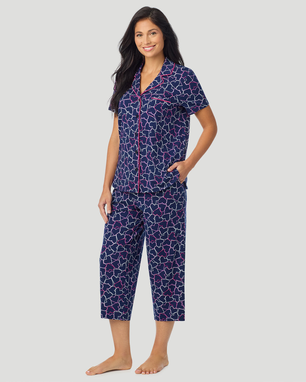 Cotton-Blend Short Sleeve Notch Collar With Cropped Pant Pajama Set