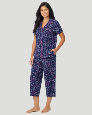 Cotton-Blend Short Sleeve Notch Collar With Cropped Pant Pajama Set