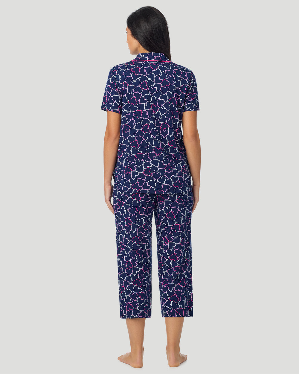 Cotton-Blend Short Sleeve Notch Collar With Cropped Pant Pajama Set