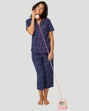 Cotton-Blend Short Sleeve Notch Collar With Cropped Pant Pajama Set
