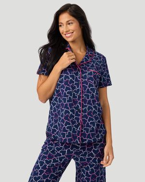 Cotton-Blend Short Sleeve Notch Collar With Cropped Pant Pajama Set