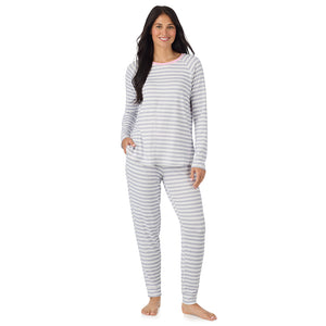  A lady wearing White + Grey Stripe Brushed Sweater Knit Long Sleeve Jogger Pajama Set in a front view pose
