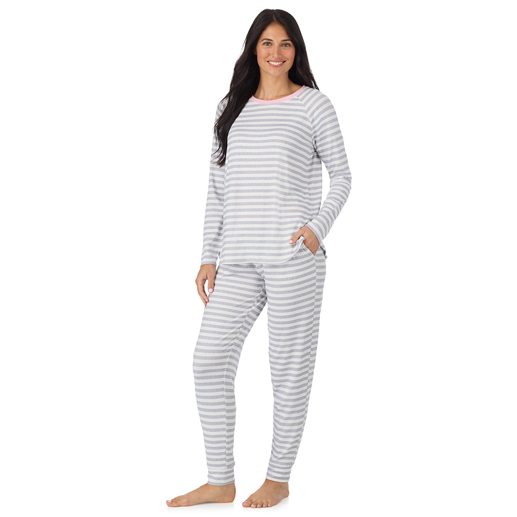  A lady wearing White + Grey Stripe Brushed Sweater Knit Long Sleeve Jogger Pajama Set in a front view standing pose
