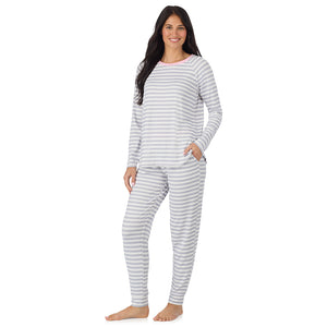  A lady wearing White + Grey Stripe Brushed Sweater Knit Long Sleeve Jogger Pajama Set in a front view standing pose