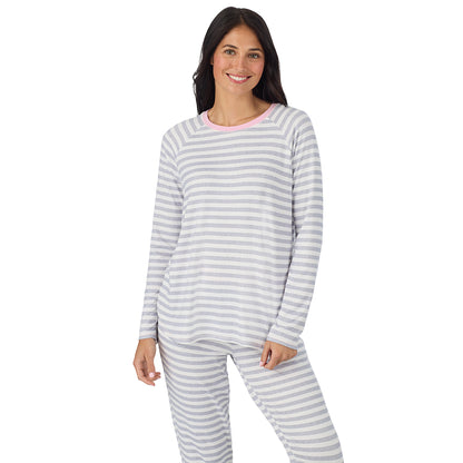  A lady wearing White + Grey Stripe Brushed Sweater Knit Long Sleeve Jogger Pajama Set in a front view medium closer look