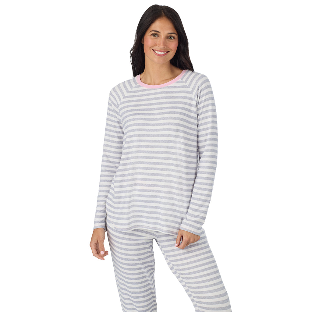  A lady wearing White + Grey Stripe Brushed Sweater Knit Long Sleeve Jogger Pajama Set in a front view medium closer look