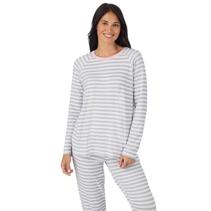  A lady wearing White + Grey Stripe Brushed Sweater Knit Long Sleeve Jogger Pajama Set in a front view medium closer look