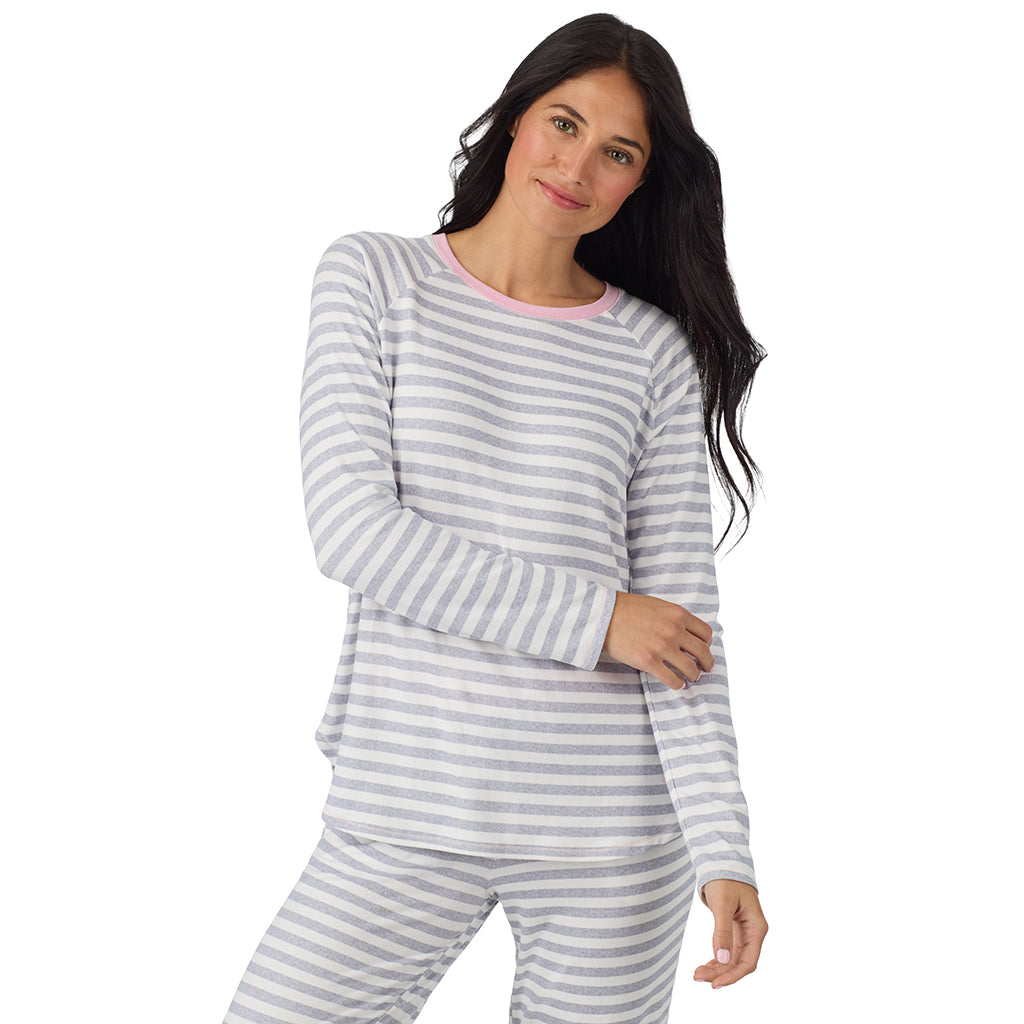 White + Grey Stripe; Model is wearing size S. She is 5'8.5", Bust 32", Waist 25", Hips 36". @ A lady wearing White + Grey Stripe Brushed Sweater Knit Long Sleeve Jogger Pajama Set in a front view closer look with a smile on her face