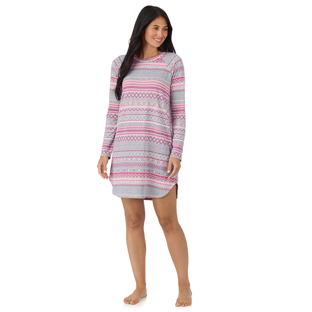 Grey Heart Fairisle; Model is wearing size S. She is 5'8.5", Bust 32", Waist 25", Hips 36". @ A lady wearing Grey Heart Fairisle Brushed Sweater Knit Long Sleeve Sleepshirt in a front view pose