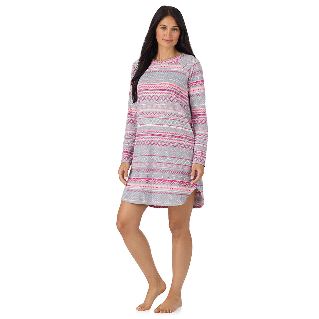  A lady wearing Grey Heart Fairisle Brushed Sweater Knit Long Sleeve Sleepshirt in a front view side angle pose