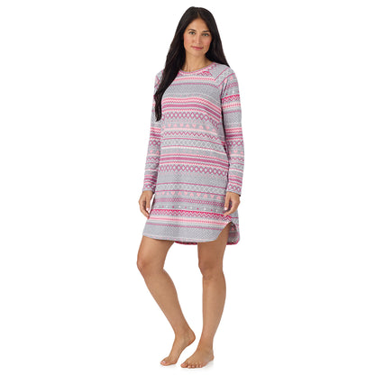  A lady wearing Grey Heart Fairisle Brushed Sweater Knit Long Sleeve Sleepshirt in a front view side angle pose