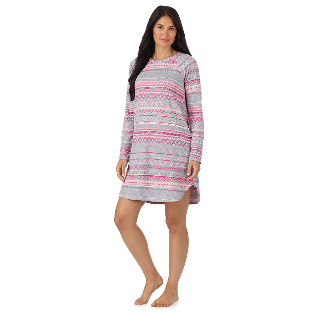 A lady wearing Grey Heart Fairisle Brushed Sweater Knit Long Sleeve Sleepshirt in a front view side angle pose