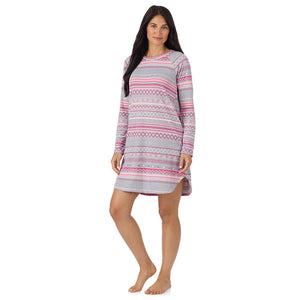 A lady wearing Grey Heart Fairisle Brushed Sweater Knit Long Sleeve Sleepshirt in a front view side angle pose