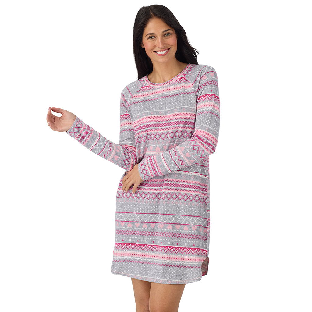 Grey Heart Fairisle; Model is wearing size S. She is 5'8.5", Bust 32", Waist 25", Hips 36". @ A lady wearing Grey Heart Fairisle Brushed Sweater Knit Long Sleeve Sleepshirt in a front view closer look