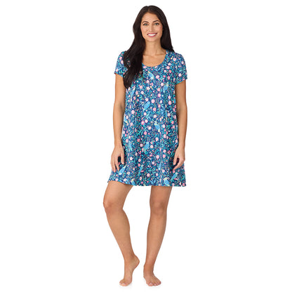A lady wearing Cotton-Blend Short Sleeve Sleep Shirt with Scallop Detail in Dark Blue Owl