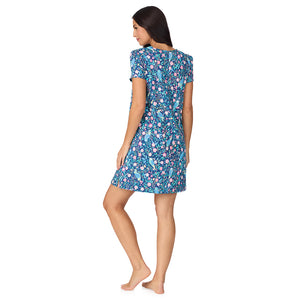 A lady wearing Cotton-Blend Short Sleeve Sleep Shirt with Scallop Detail in Dark Blue Owl