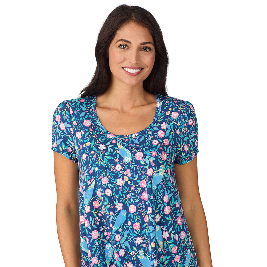 A lady wearing Cotton-Blend Short Sleeve Sleep Shirt with Scallop Detail in Dark Blue Owl
