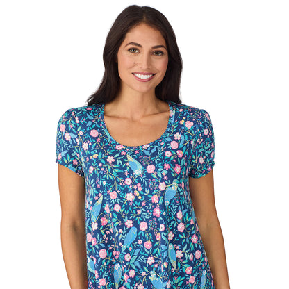 A lady wearing Cotton-Blend Short Sleeve Sleep Shirt with Scallop Detail in Dark Blue Owl