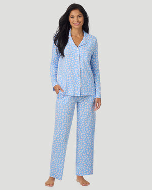 Cotton-Blend Long Sleeve Notch Collar With Long Pant Pajama Set