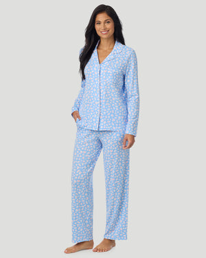 Cotton-Blend Long Sleeve Notch Collar With Long Pant Pajama Set