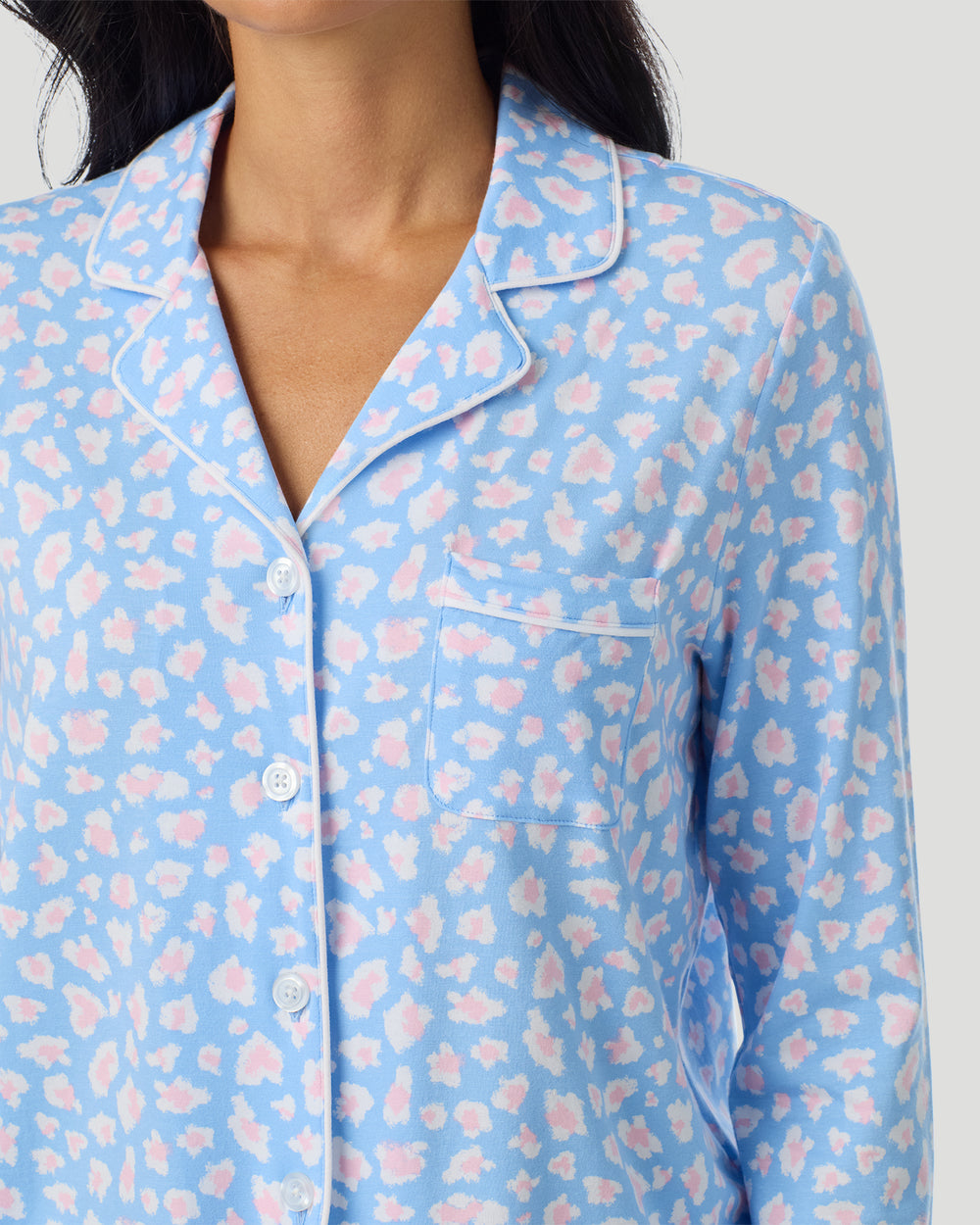 Cotton-Blend Long Sleeve Notch Collar With Long Pant Pajama Set