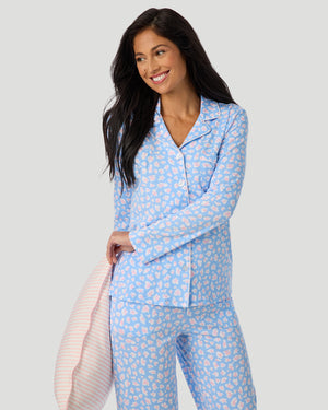 Cotton-Blend Long Sleeve Notch Collar With Long Pant Pajama Set