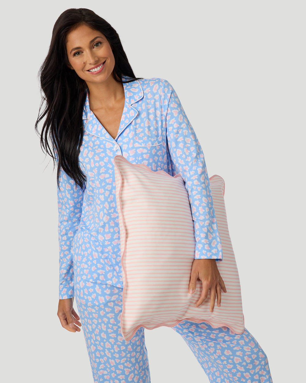 Cotton-Blend Long Sleeve Notch Collar With Long Pant Pajama Set