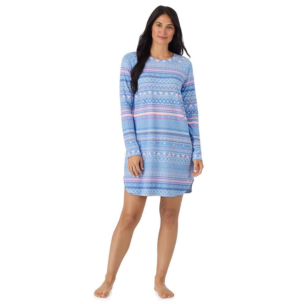 Peri Blue Heart Fairisle; Model is wearing size S. She is 5'8.5", Bust 32", Waist 25", Hips 36". @ A lady wearing Peri Blue Heart Fairisle Brushed Sweater Knit Long Sleeve Sleepshirt in a front view pose