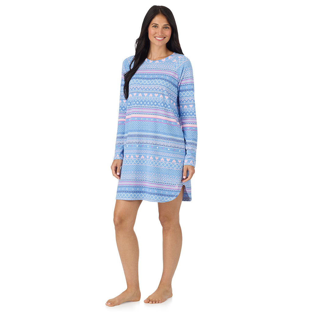 Peri Blue Heart Fairisle; Model is wearing size S. She is 5'8.5", Bust 32", Waist 25", Hips 36". @ A lady wearing Peri Blue Heart Fairisle Brushed Sweater Knit Long Sleeve Sleepshirt in a front view standing pose