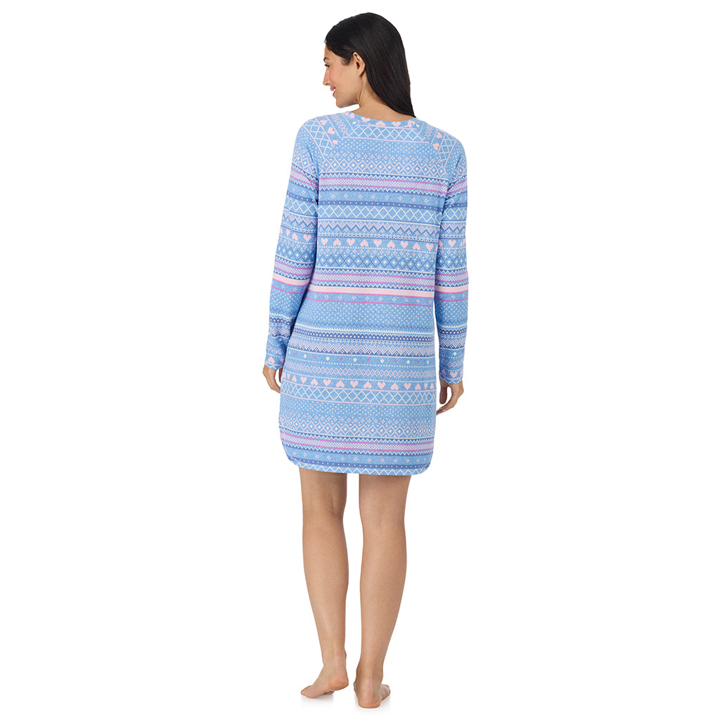 Peri Blue Heart Fairisle; Model is wearing size S. She is 5'8.5", Bust 32", Waist 25", Hips 36". @ A lady wearing Peri Blue Heart Fairisle Brushed Sweater Knit Long Sleeve Sleepshirt in a back view pose
