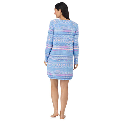  A lady wearing Peri Blue Heart Fairisle Brushed Sweater Knit Long Sleeve Sleepshirt in a back view pose