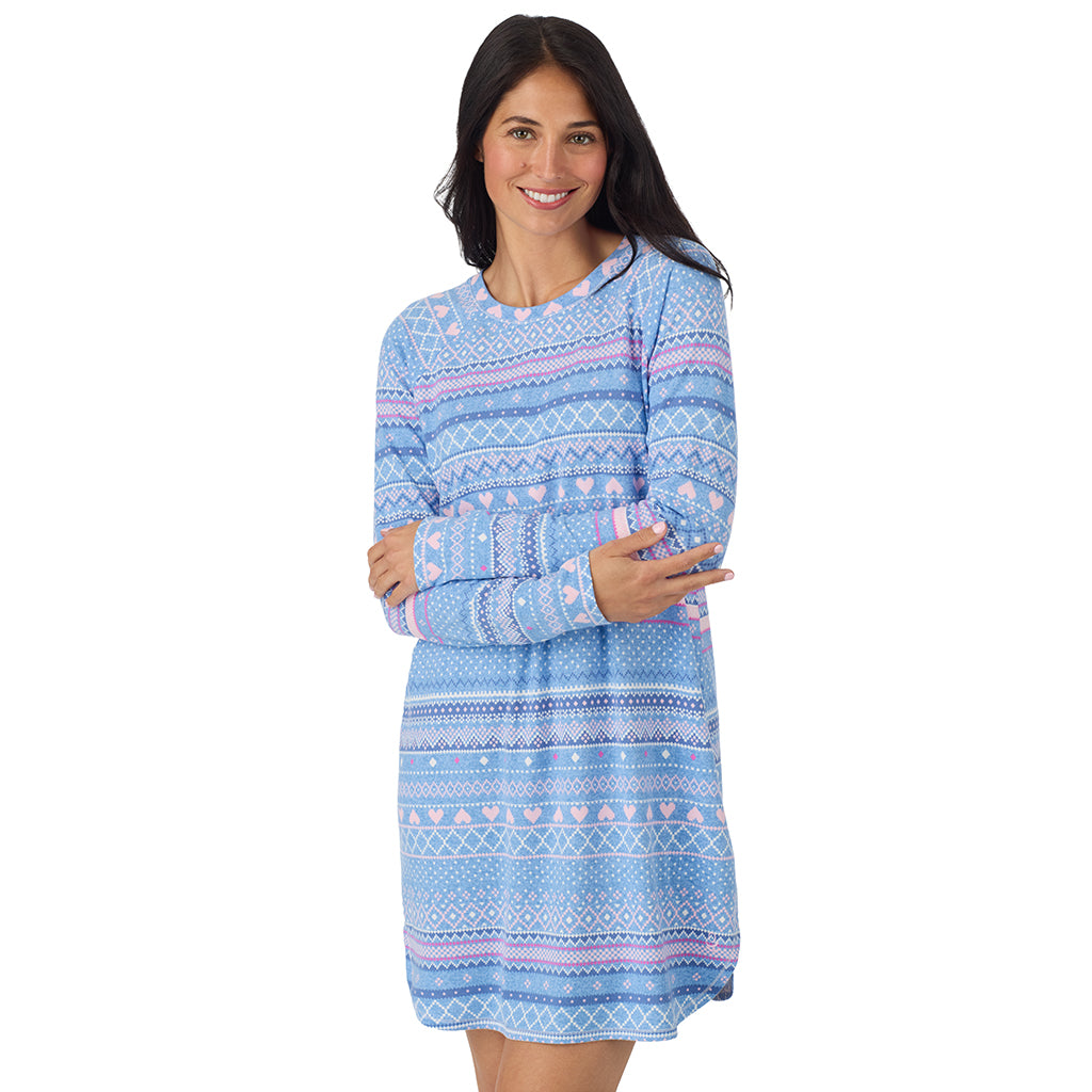 Peri Blue Heart Fairisle; Model is wearing size S. She is 5'8.5", Bust 32", Waist 25", Hips 36". @ A lady wearing Peri Blue Heart Fairisle Brushed Sweater Knit Long Sleeve Sleepshirt in a front view closer look