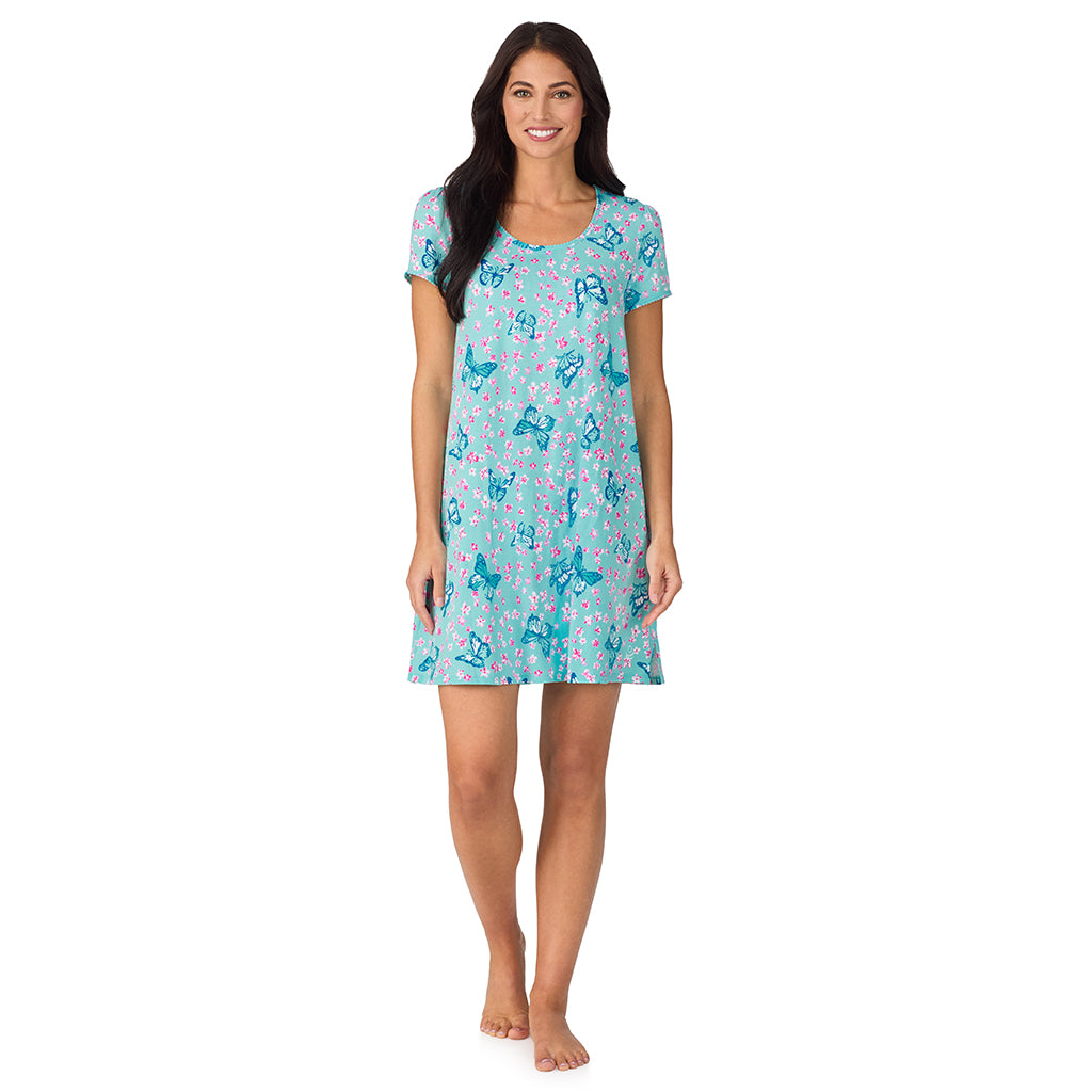 A lady wearing Cotton-Blend Short Sleeve Sleep Shirt with Scallop Detail in Aqua Butterfly