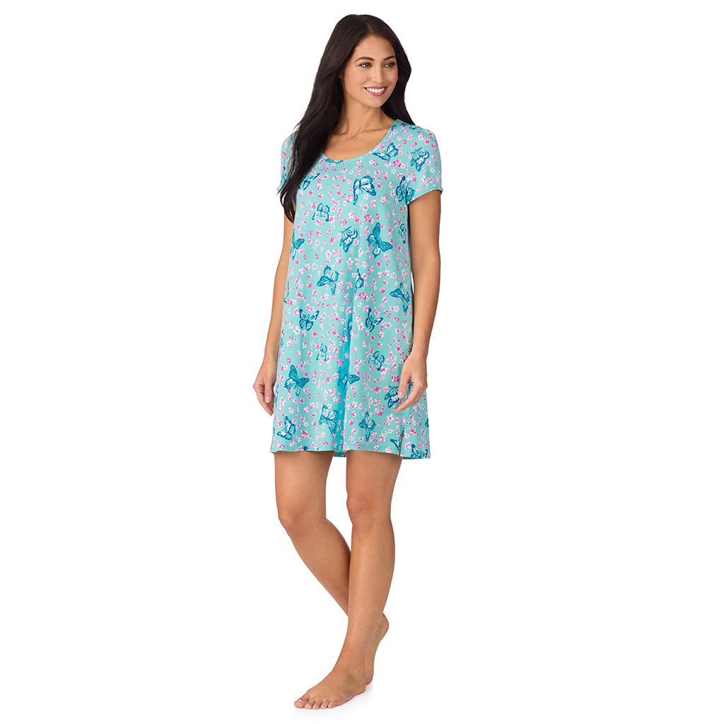 A lady wearing Cotton-Blend Short Sleeve Sleep Shirt with Scallop Detail in Aqua Butterfly