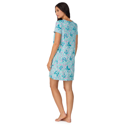 A lady wearing Cotton-Blend Short Sleeve Sleep Shirt with Scallop Detail in Aqua Butterfly