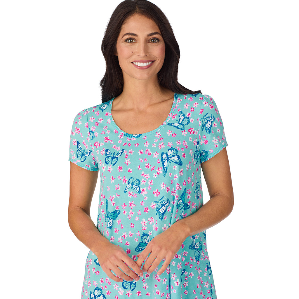 A lady wearing Cotton-Blend Short Sleeve Sleep Shirt with Scallop Detail in Aqua Butterfly